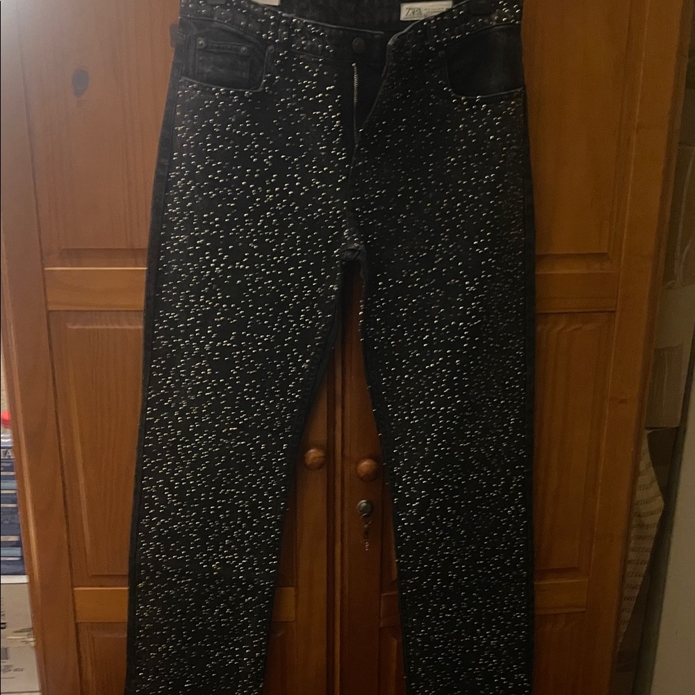 Zara Black and White Speckled Straight Leg Jeans